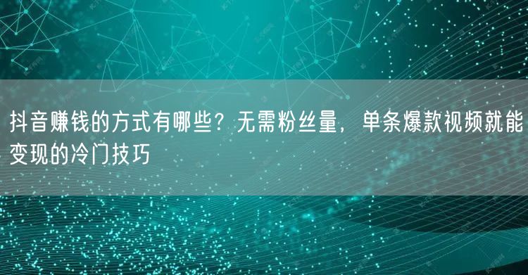 抖音赚钱的方式有哪些？无需粉丝量，单条爆款视频就能变现的冷门技巧